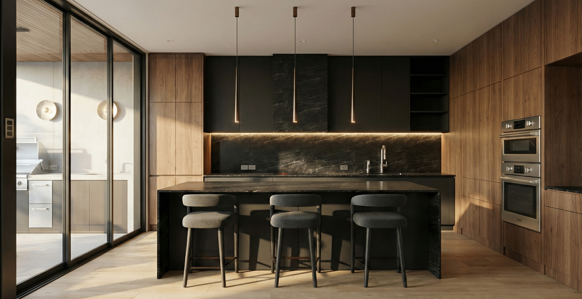 Render cocina con isla central Casa Miami
