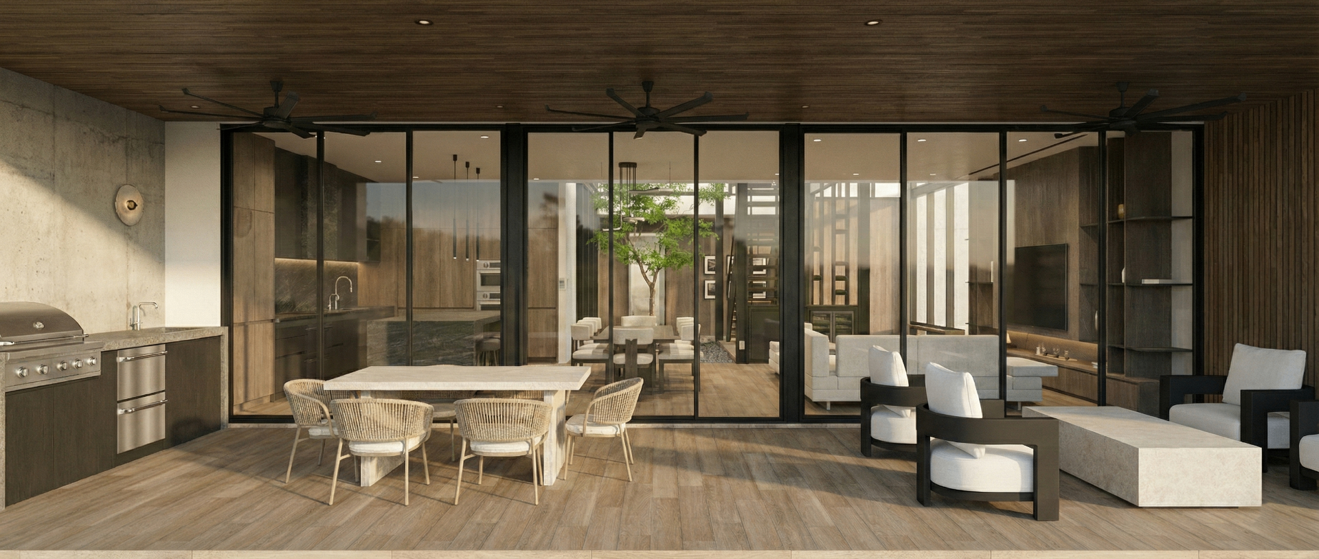 Render terraza social conectada al interior Casa Miami